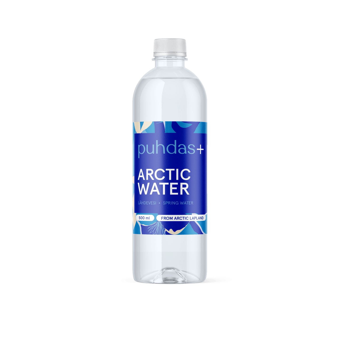 A clear plastic bottle of Puhdas+ Spring Water with a blue and white label showing the Puhdas+ brand, Arctic Water, and text noting it contains 500 ml of pure spring water from Finnish Lapland; available in a 12 pack.