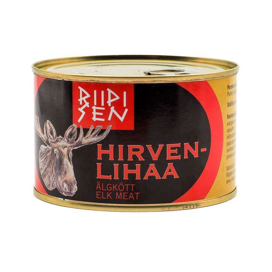 A can of Riipisen Canned Elk Meat with an elk head illustration, labeled in Finnish, Swedish, and English. The black and red design plus gold lid emphasize this premium Riipisen product.