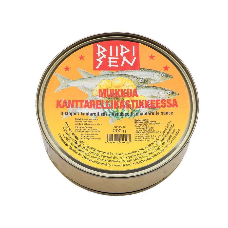 A 200g round tin of Riipisen Vendace In Chantarelle Sauce by Riipisen, featuring fish and chanterelle mushrooms on the lid. Ideal for tapas or to enjoy in its classic chantarelle sauce.