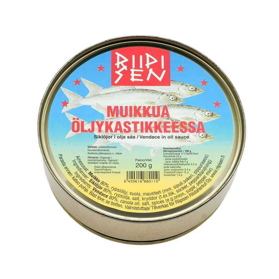 A round tin from Riipisen with a blue label shows three small fish, red and yellow Finnish text, and product details. The label reads "Muikkua öljykastikkeessa": Riipisen Vendace In Oil Sauce—ideal for tapas.