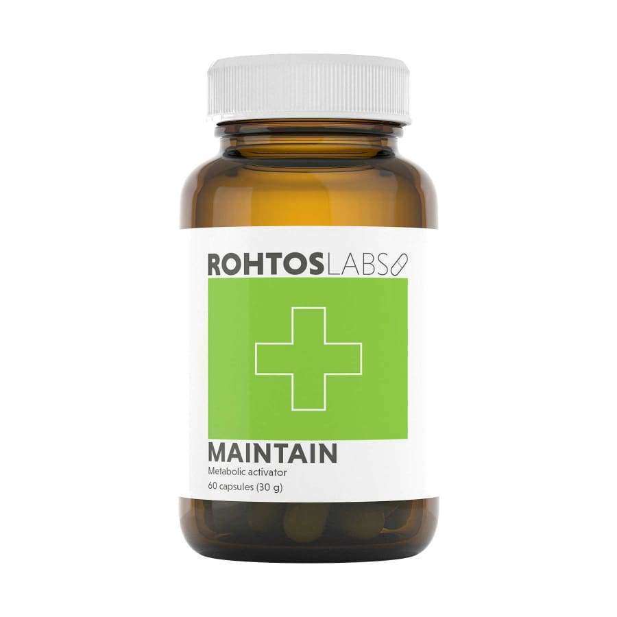 A brown bottle labeled Rohtos Labs Maintain by Rohtos Labs with a green square and white medical cross. Contains 60 capsules of metabolic activator featuring polyphenols like green tea extract.