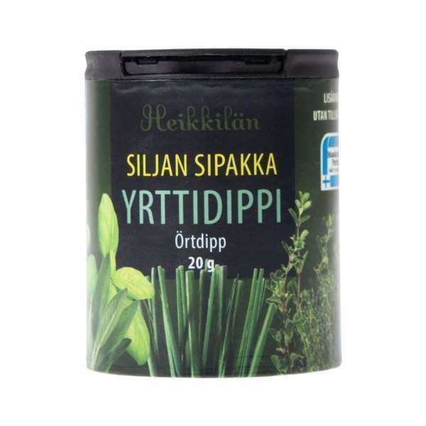 A cylindrical container labeled Heikkilä's Silja's Special Herb Dip, featuring assorted herb images, perfect as a dip or for mixing with sour cream to create a deliciously flavorful sauce.