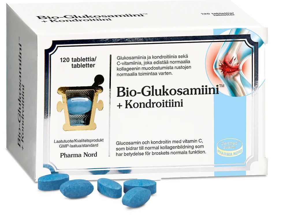 Eine Schachtel von Pharma Nord Bio-Glucosamin + Chondroitin mit blauen ovalen Tabletten auf der Vorderseite. Auf der Verpackung sind Produktangaben, Inhaltsstoffe, Vitamin-C-Gehalt und eine Zertifizierungsmarke auf der rechten Seite zu sehen.