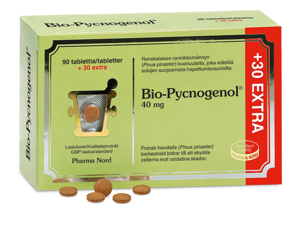 Eine Schachtel mit Pharma Nord Bio-Pycnogenol zeigt eine Blisterpackung mit einer freiliegenden Tablette und losen Tabletten. Die Verpackung hebt "+30 zusätzliche Tabletten (90 insgesamt)" hervor und wirbt für die antioxidative Unterstützung eines gesunden Blutkreislaufs.