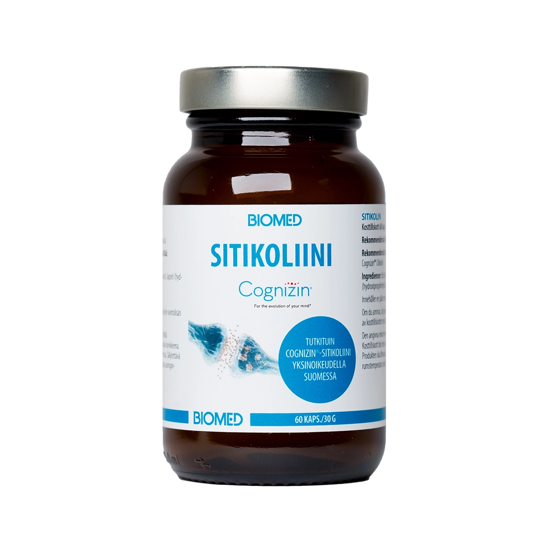 Eine braune Glasflasche mit der Aufschrift Biomed Citicoline Cognizin®, die 60 Kapseln für die Gesundheit des Gehirns enthält. Das Etikett zeigt blauen und weißen Text, eine Wasserspritzergrafik und zusätzliche Produktinformationen in Finnisch.