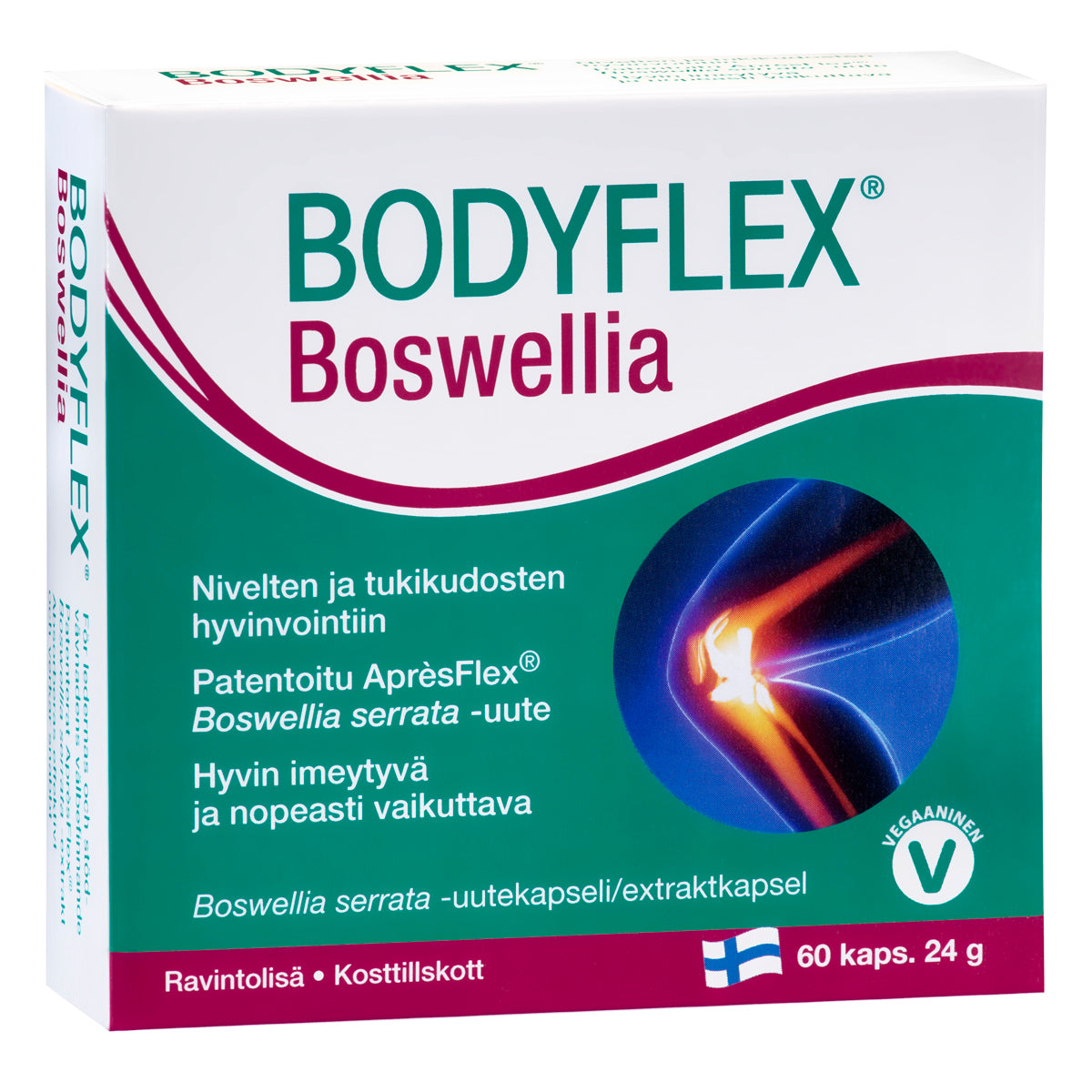 Eine Schachtel Hankintatukku Bodyflex Boswellia ist mit finnischem Text, Gelenkbildern mit hervorgehobenen Schmerzen, einem Veganer-Symbol, der finnischen Flagge und grün-magentafarbenen Akzenten versehen. Enthält 60 Kapseln mit Boswellia serrata-Extrakt zur Unterstützung der Gelenke.