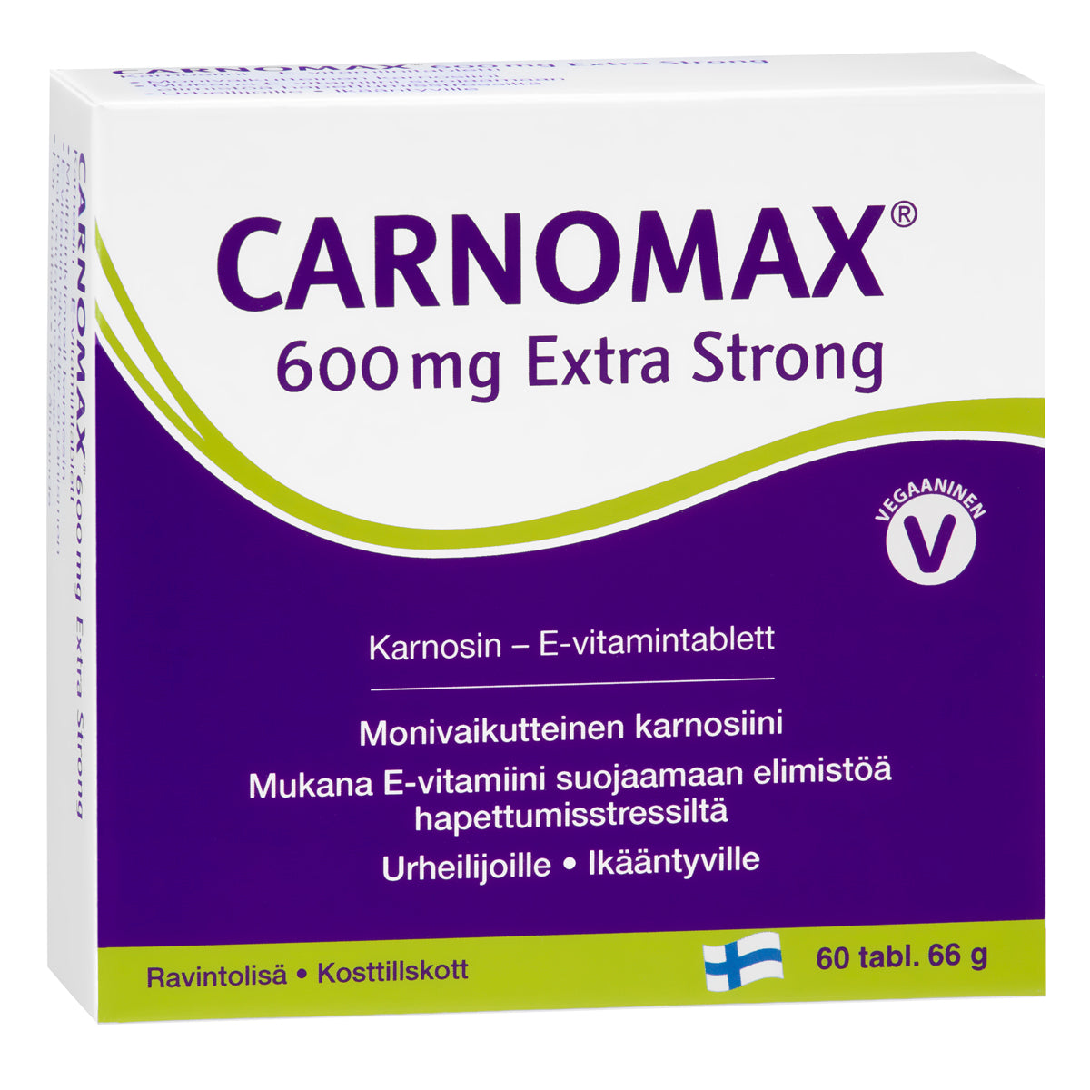 Eine Schachtel mit Hankintatukku Carnomax 600 mg Extra Strong Nahrungsergänzungsmittel, vegan und Anti-Aging-Unterstützung, enthält 60 Tabletten. Die hauptsächlich weiße Verpackung mit grünen und lila Akzenten zeigt finnischen und schwedischen Text.