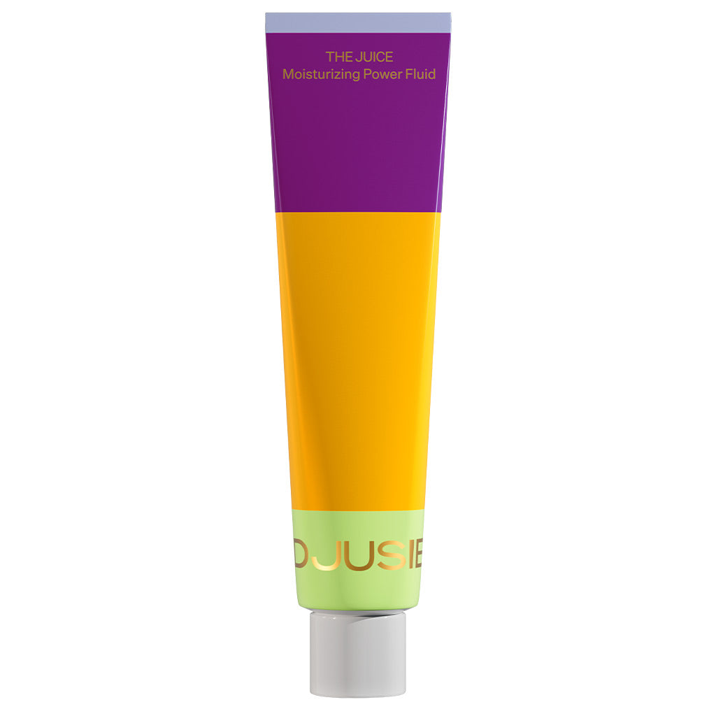 Eine leuchtende Tube der Djusie Juicy Skin Box von Djusie mit violetten, orangefarbenen und gelben Abschnitten und einer weißen Kappe steht aufrecht vor einem weißen Hintergrund und hebt die pflegenden Eigenschaften der Haut hervor.