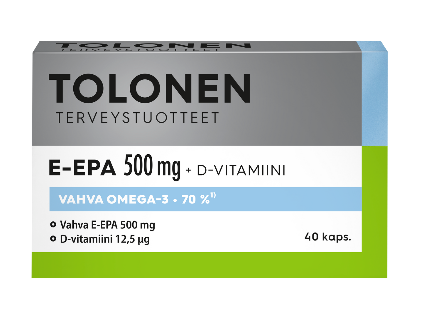 Eine Schachtel Dr. Tolonen E-EPA 500 mg, ein Ethyl-EPA-Fischöl-Omega-3-Ergänzungsmittel mit Vitamin D, enthält 40 Kapseln. Die Schachtel ist weiß, grau, blau und grün. Marke: Dr. Tolonen.