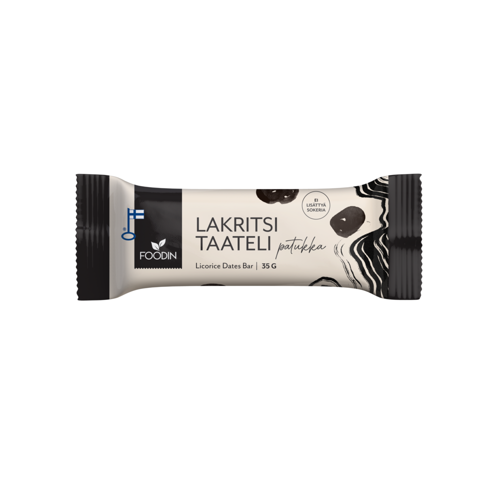 Der Foodin Lakritz-Dattel-Riegel ist ein veganer, glutenfreier 35g-Snack in einer beige-schwarzen Verpackung mit "Lakritsi Taateli" (finnisch für Lakritz-Datteln) und Lakritz-Illustrationen, perfekt als leckere Energieriegel-Option.