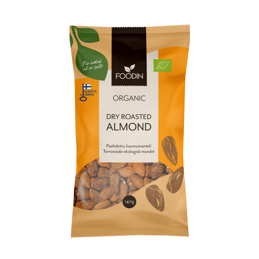 Die 140g gelbe und braune Tüte Foodin Organic Dry Roasted Almond zeigt ein durchsichtiges Fenster mit ganzen Mandeln, mit Bio-Zertifizierung und finnischem Flaggenetikett - ein gesunder Snack von Foodin.
