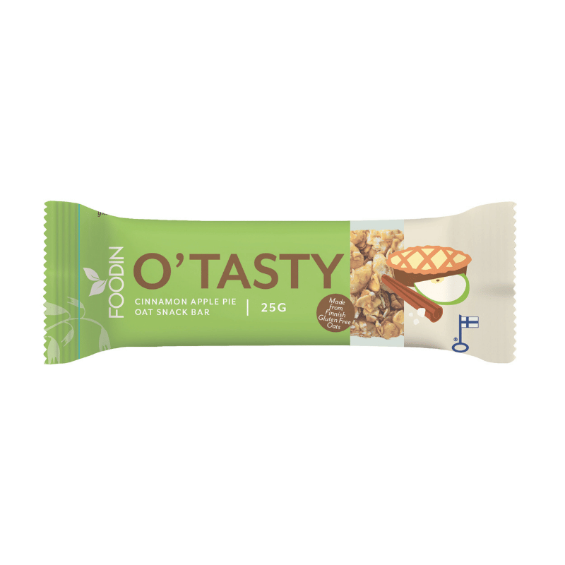 Foodin O`Tasty Oat Bar Cinnamon Apple Pie, 25 g, in einer grün-weißen Verpackung mit Haferflocken und einem Cartoon-Apfelkuchenstück, ist ein pflanzlicher, glutenfreier Snack aus finnischem Hafer.