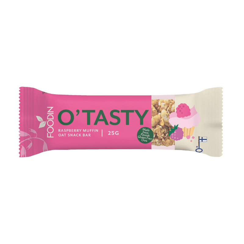 Der Foodin O`Tasty Oat Bar Raspberry Muffin ist ein 25 g schwerer glutenfreier, pflanzlicher Snack in einer rosa-weißen Verpackung mit Granola-, Himbeer- und Muffin-Illustrationen - ideal für einen köstlichen Snack für unterwegs.