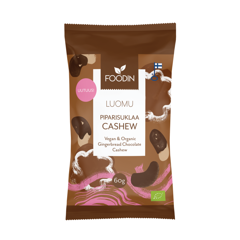 Eine braun-weiße Foodin-Tüte mit der Aufschrift "Organic Gingerbread Chocolate Cashew" zeigt Cashews mit Schokoladenüberzug. Dieser vegane Weihnachtssnack besteht aus Bio-Schokocashews mit Lebkuchengeschmack und wiegt 60 g.