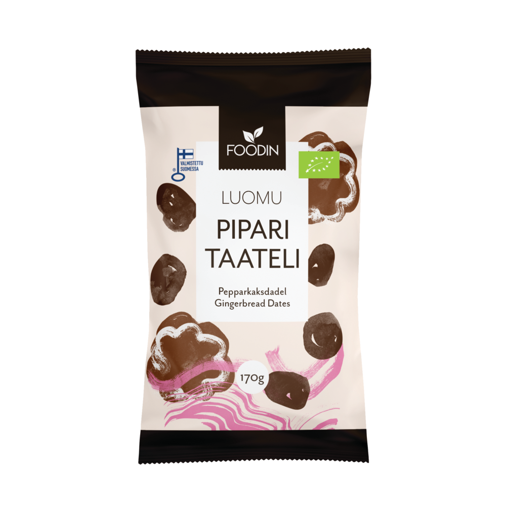 Genießen Sie die Bio-Lebkuchendatteln von Foodin - ein glutenfreier Snack mit natürlicher Süße (170 g). Die Verpackung enthält braune und rosafarbene Grafiken, ein Bio-Etikett finnischen Ursprungs und Text in Finnisch und Englisch.