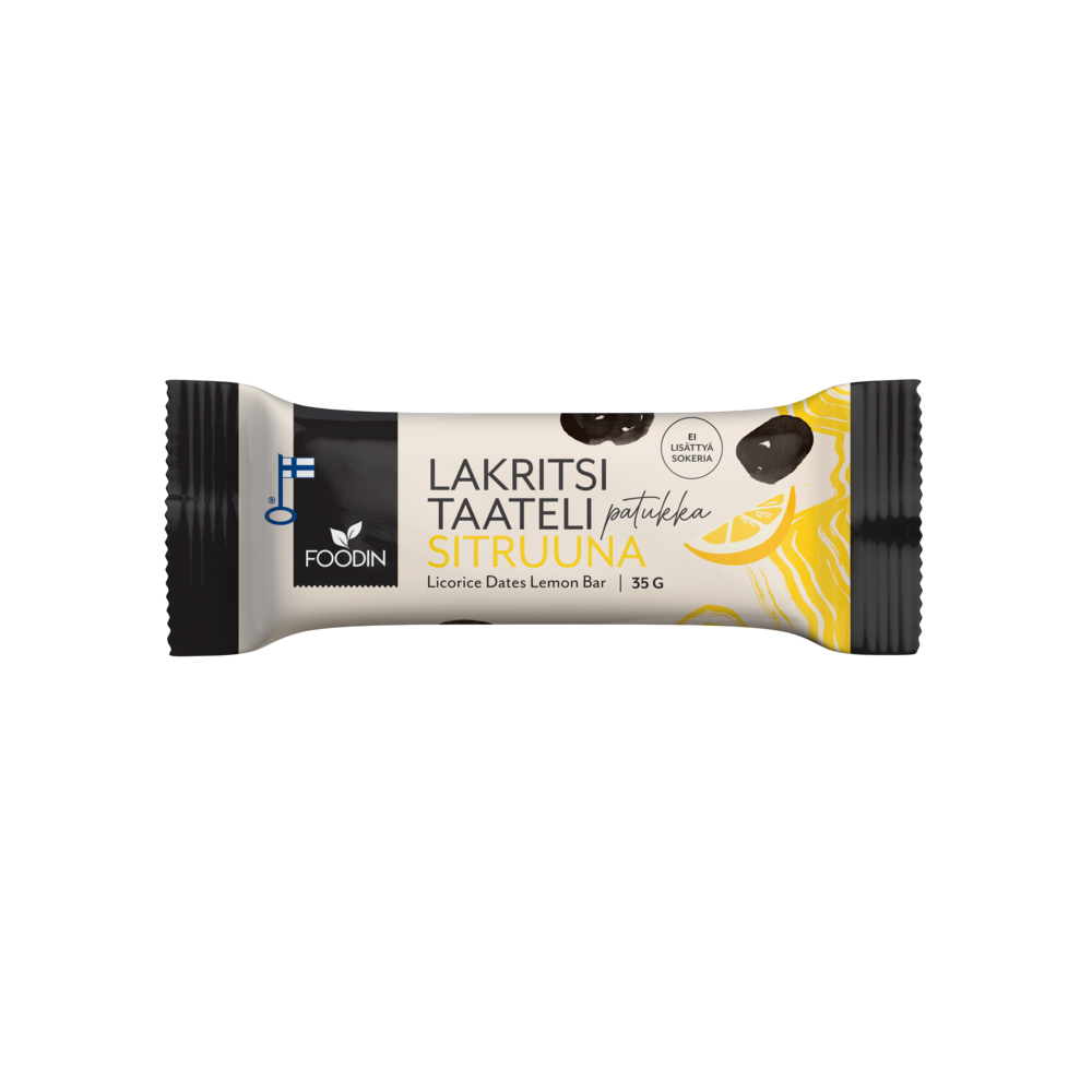 Der Foodin Lakritz-Dattel-Riegel Zitrone ist ein Bio-Snack in schwarzer, gelber und weißer Verpackung mit Zitronen- und Lakritzmotiven, der den ganzen Tag über langsam Energie spendet.
