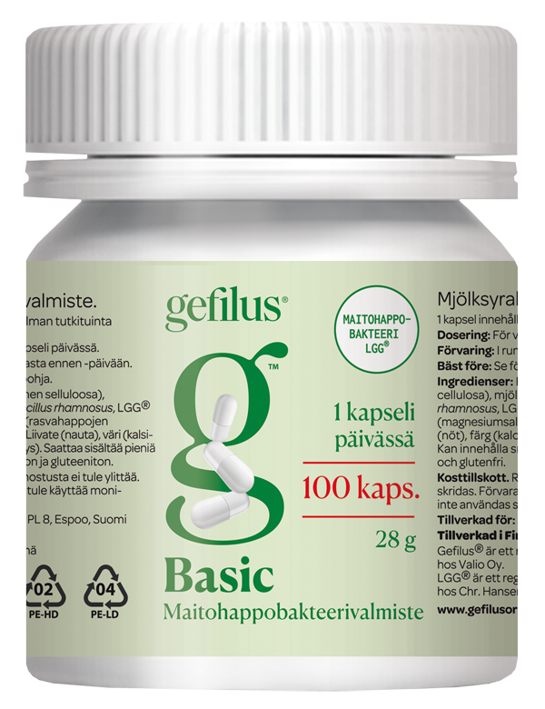 Eine weiße Plastikflasche mit Gefilus Lactic Acid Basic von Gefilus mit einem grün-weißen Etikett, das die Vorteile des LGG-Probiotikums und die Dosierungsanleitung hervorhebt und 100 Kapseln mit Kapselabbildungen enthält.