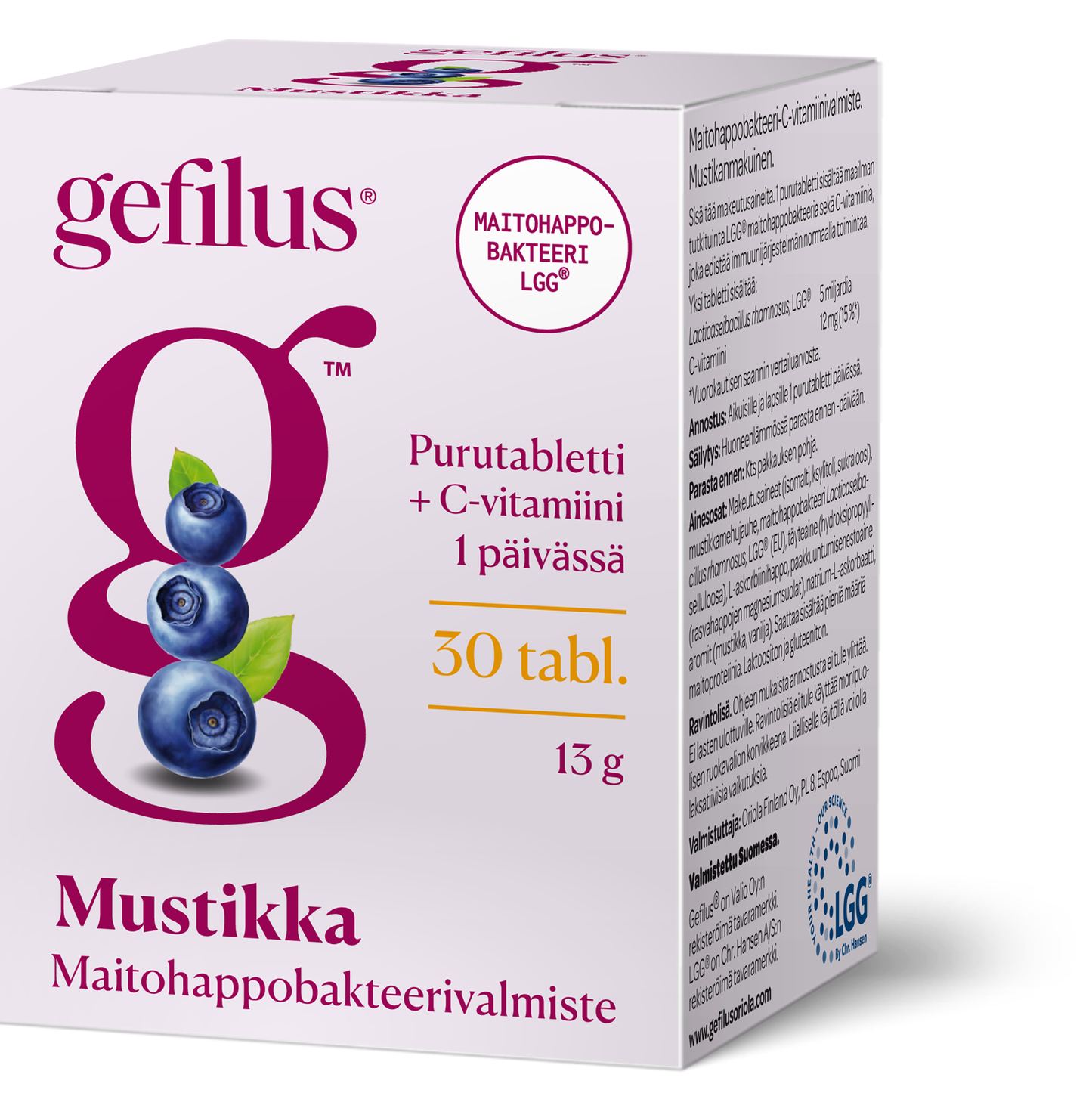 Eine Schachtel Gefilus MilchsĂ€ure + Vitamin C Heidelbeere, ein finnisches kaubares probiotisches NahrungsergĂ€nzungsmittel mit LGG-Bakterien und Vitamin C. Auf der weiĂen Schachtel sind lila und gelber Text sowie Bilder von Heidelbeeren abgebildet. Marke: Gefilus.