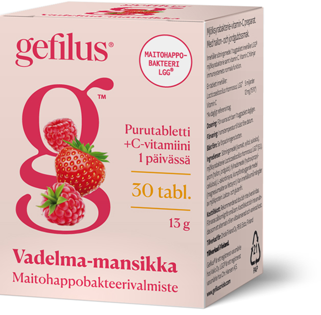 Gefilus Lactic Acid + Vitamin C Raspberry & Strawberry von Gefilus kommt in einer rosa-weißen Schachtel mit Himbeer- und Erdbeermotiven. Jede Packung enthält 30 Kautabletten mit LGG-Milchsäurebakterien zur Unterstützung des Immunsystems.