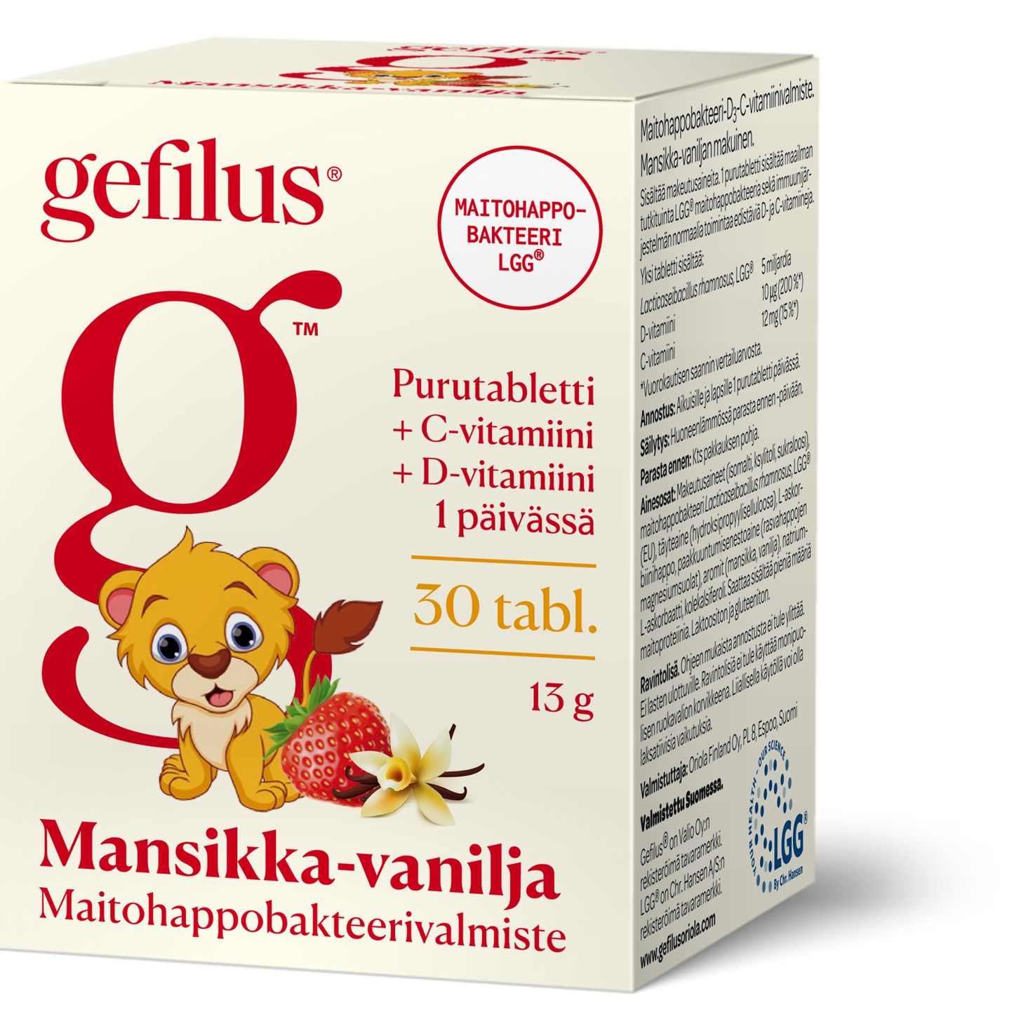 Eine Schachtel mit Gefilus Milchsäure + Vitamin D Erdbeere probiotischen Kautabletten mit einem Cartoon-Löwen, einer Erdbeere und einer Vanilleblüte. Enthält 30 Tabletten mit zusätzlichen Vitaminen C und D zur Unterstützung des Immunsystems. Marke: Gefilus.