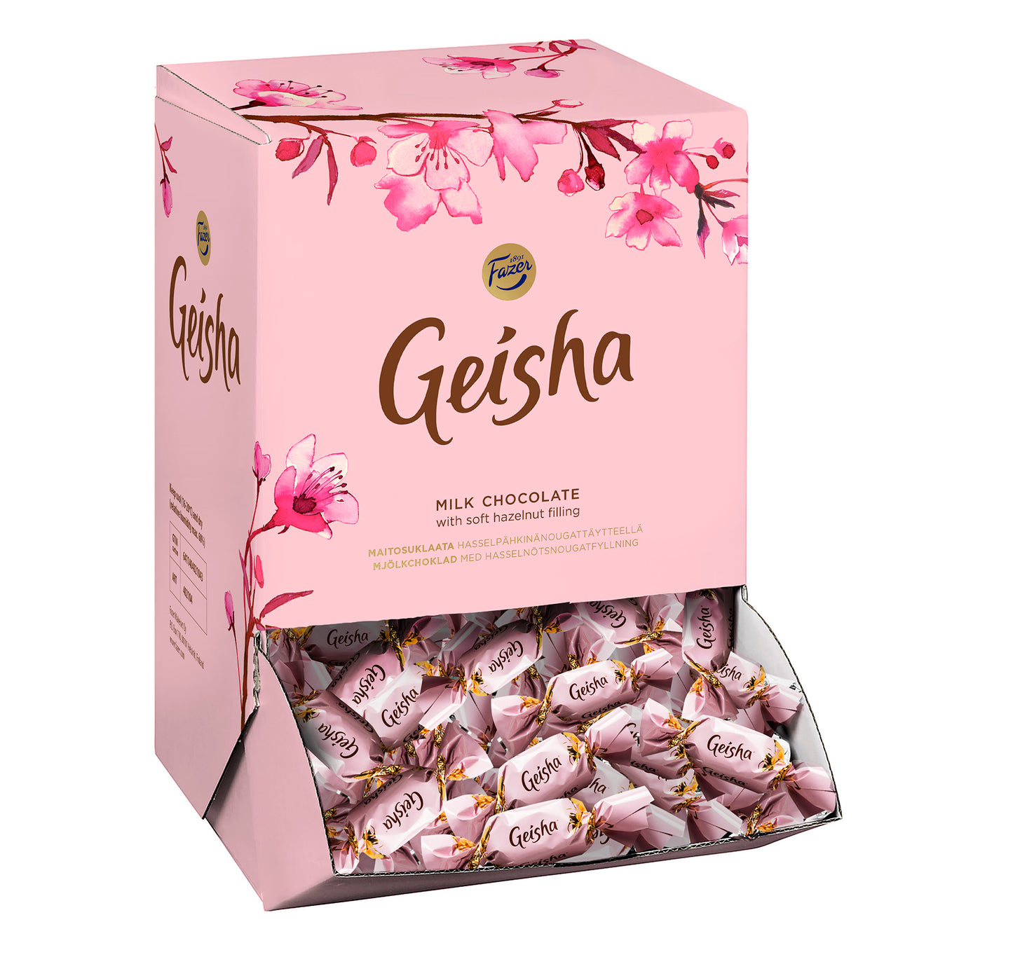 Die rosafarbene Fazer Geisha Praline Big Box von Fazer mit floralen Motiven öffnet sich und enthüllt einzeln verpackte Milchschokoladen mit weicher Haselnuss-Nougat-Füllung. Die rosafarbenen Verpackungen verleihen ihr einen eleganten Touch.
