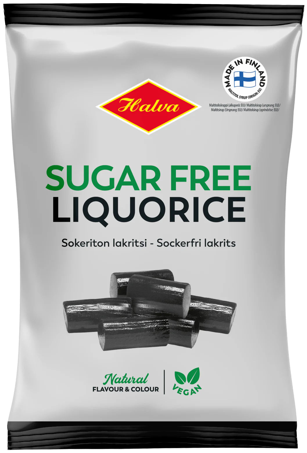 Eine Packung Halva Sugar-Free Licorice von Halva zeigt den fettgedruckten Text Sugar-Free Licorice, schwarze Lakritzstücke, vegane und natürliche Etiketten sowie ein Made in Finland-Emblem in der Ecke.