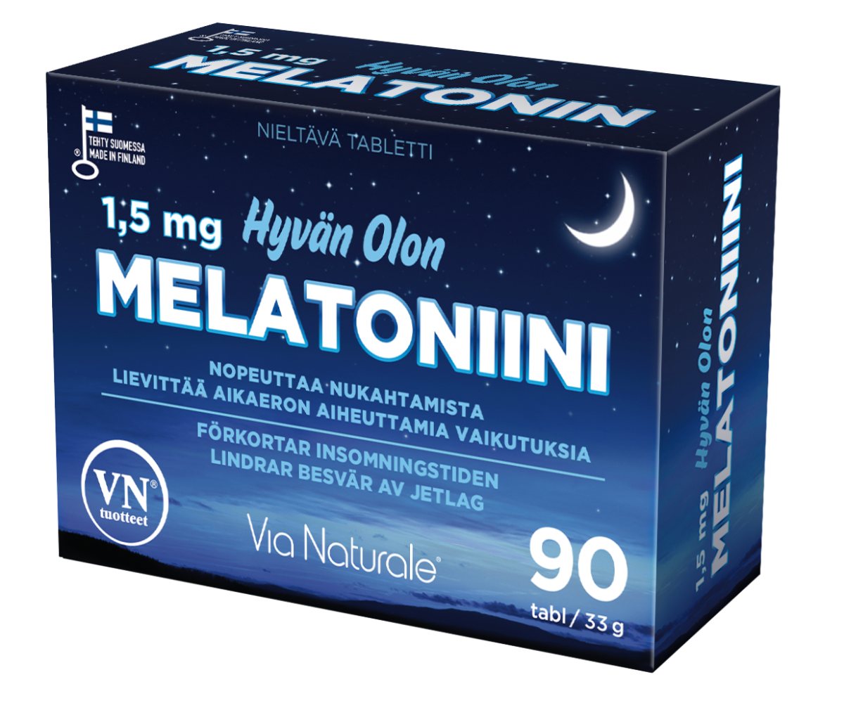 Die blaue Schachtel von Via Naturale Melatonin 1,5 mg ist mit einer Mondsichel, Sternen und einem Nachthimmel gestaltet. Die Verpackung hebt die schlaffördernden Eigenschaften hervor und enthält 90 Tabletten der Marke Via Naturale.
