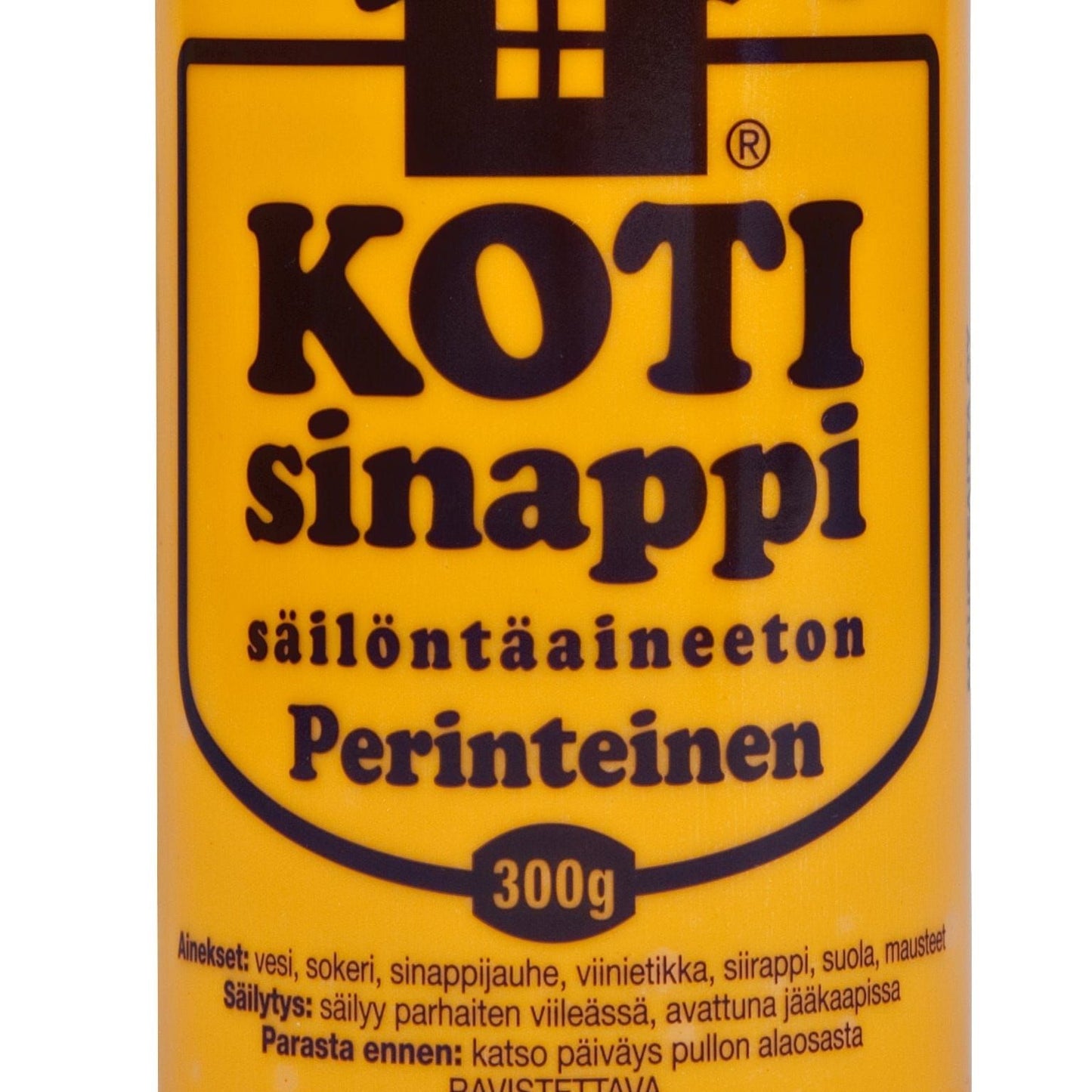 Die gelbe Flasche KOTI Homestyle Mustard Traditional ist mit einem schwarzen Hauslogo, der blauen finnischen Flagge und finnischem Text versehen. Die spitze Kappe verschließt 300 g konservierungsmittelfreien traditionellen Senf.