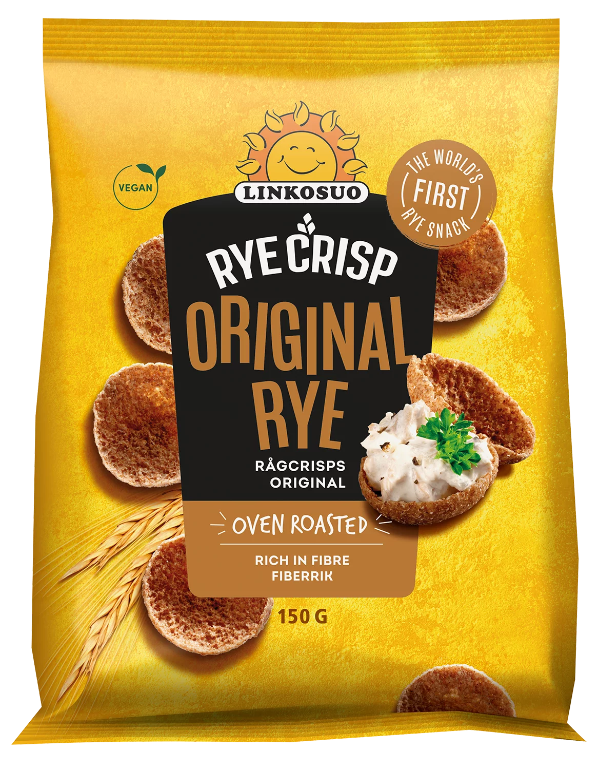 Eine gelbe Tüte Linkosuo Original Rye Crisps zeigt runde, im Ofen geröstete finnische Roggensnacks, einen cremefarbenen Knusperaufsatz, Weizenstängel sowie die Etiketten "Rich in Fibre" und "Vegan". Marke: Linkosuo. Nettogewicht: 150 g.