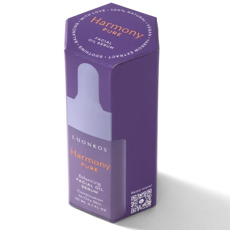Eine lilafarbene sechseckige Schachtel mit der Aufschrift Luonkos Pure Facial Oil Serum mit weißem und orangefarbenem Text, einer Tropfenflaschengrafik und einem QR-Code unten rechts - perfekt für fettige Haut und Mischhaut.
