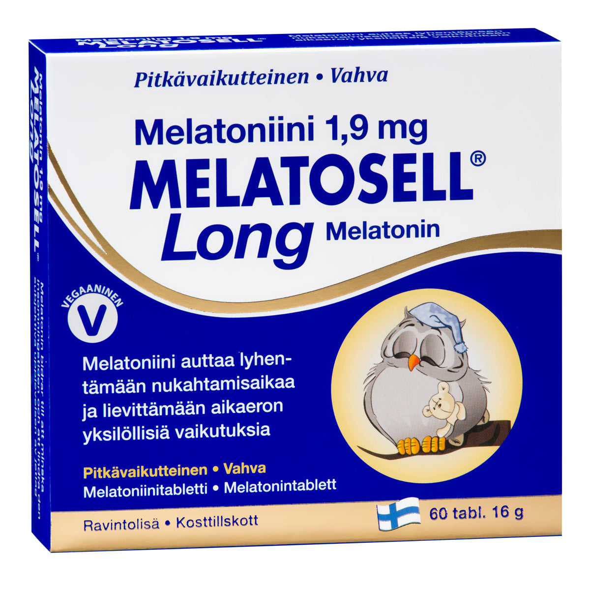 Blau-weiße Schachtel von Hankintatukku Melatosell Long 1,9 mg, einem lang wirkenden Schlafmittel mit 60 Melatonin-Tabletten. Mit einer schlafenden Eule, einem Kissen, Mond und Sternen; Text in Finnisch und Schwedisch. Ideal für erholsame Nächte oder zum Ausgleich von Jetlag.