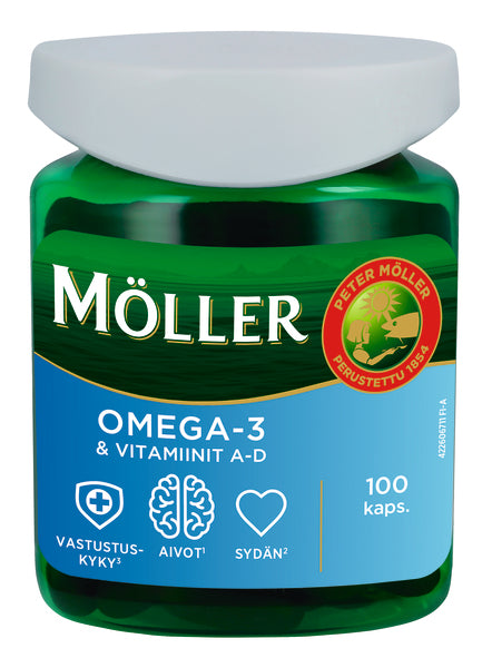 Die grüne Plastikflasche Möller Omega-3 & Vitamin A-D von Möller ist mit einem blauen finnischen Etikett, Symbolen für Immunität/Gehirn/Herz und einem weißen Verschluss versehen. Jede Flasche enthält 100 Omega-3-Fischöl-Lebertran-Kapseln mit den Vitaminen A und D.