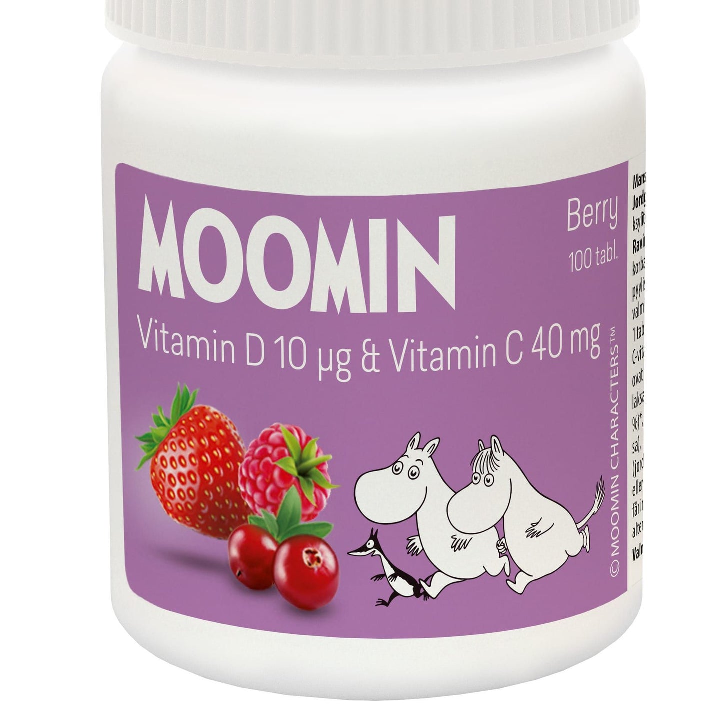 Moomin Vitamin C+D Berry von Moomin ist eine weiĂe Dose mit einem lila Etikett, auf dem Muminfiguren, Erdbeeren und Cranberries abgebildet sind. EnthĂ€lt 100 Kautabletten mit Beerengeschmack fĂŒr Kinder, jede mit Vitamin D 10 ”g und Vitamin C 40 mg zur UnterstĂŒtzung des Immunsystems.