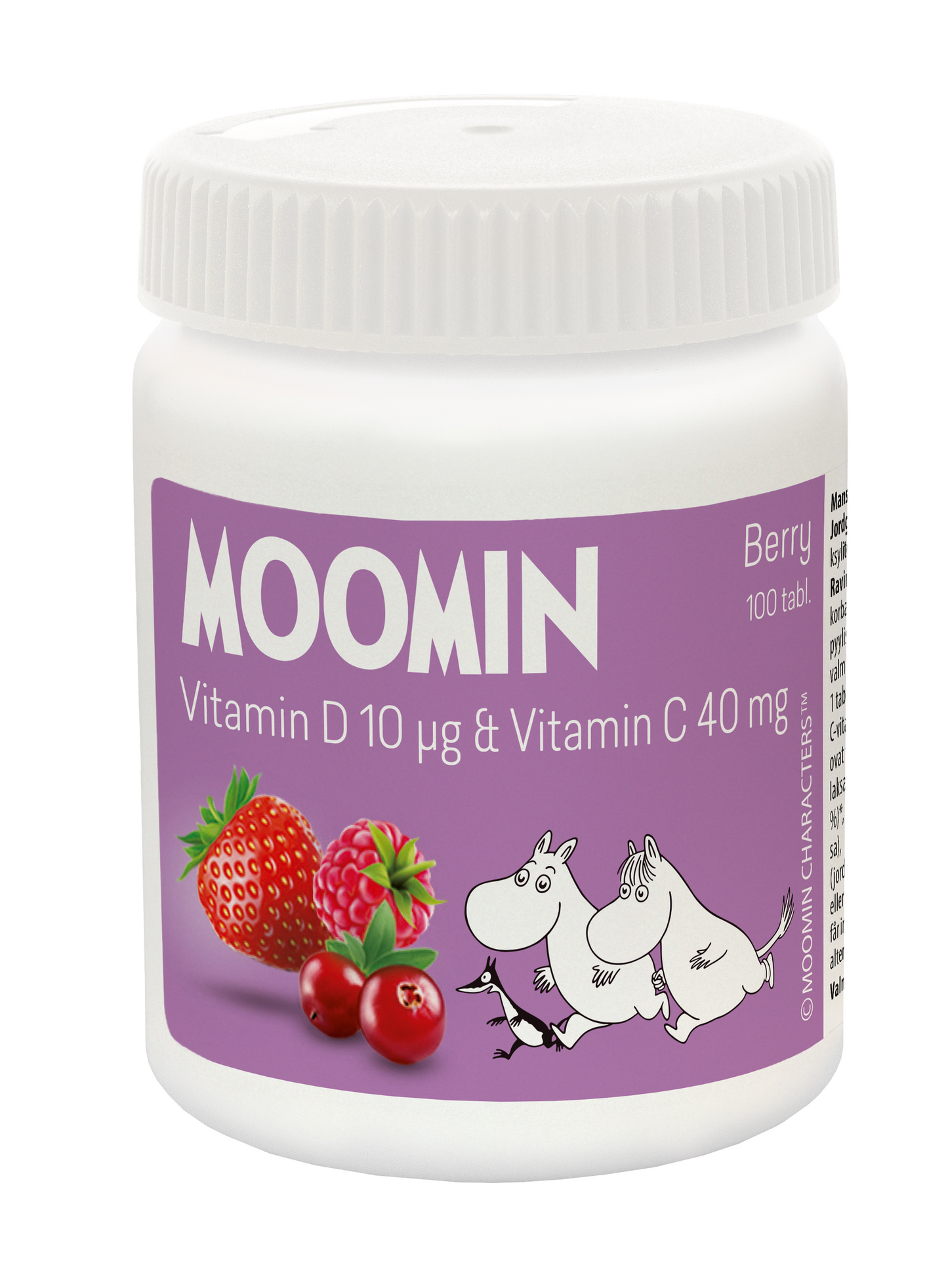 Moomin Vitamin C+D Berry von Moomin ist eine weiĂe Dose mit einem lila Etikett, auf dem Muminfiguren, Erdbeeren und Cranberries abgebildet sind. EnthĂ€lt 100 Kautabletten mit Beerengeschmack fĂŒr Kinder, jede mit Vitamin D 10 ”g und Vitamin C 40 mg zur UnterstĂŒtzung des Immunsystems.