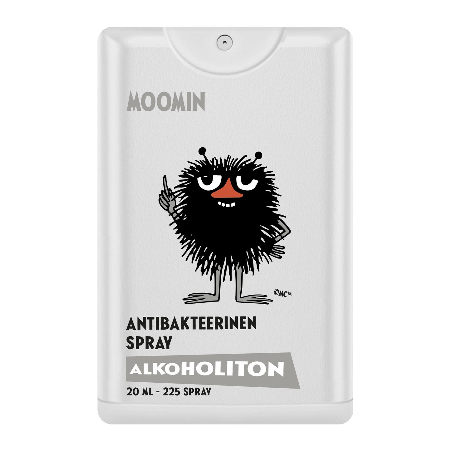 Das alkoholfreie antibakterielle Handspray von Mumin kommt in einer 20-ml-Sprühflasche mit einer schwarzen, stacheligen Comic-Figur, liefert 225 Sprühstöße und ist alkoholfrei für eine sanfte Handhygiene.