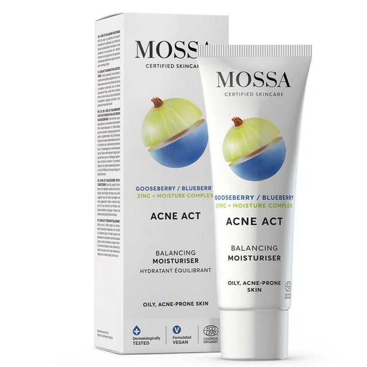 Eine Tube und eine Schachtel der Mossa Acne Act Balancing Moisturiser mit Stachelbeermotiven. Auf der Verpackung sind die wichtigsten Inhaltsstoffe aufgeführt - Stachelbeere, Heidelbeere und Zink - und es heißt, dass sie überschüssigen Talg für fettige, zu Akne neigende Haut ausgleicht.
