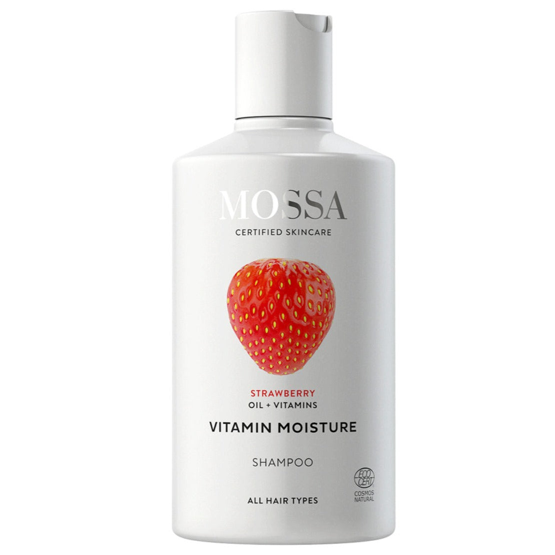 Die weiße Flasche des Mossa Vitamin Moisture Shampoo zeigt ein Erdbeerbild und hebt auf dem Etikett Erdbeerextrakt und Vitamine hervor, die Revitalisierung für alle Haartypen versprechen.