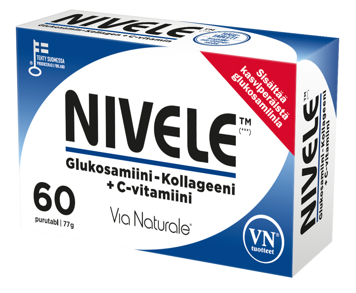 Eine überwiegend weiße Schachtel mit blauen Akzenten enthält 60 Nivele-Kautabletten von Via Naturale mit finnischem Text. Zu den Highlights gehören Glucosamin für die Gesundheit der Gelenke und Knochen, Kollagen und Vitamin C.