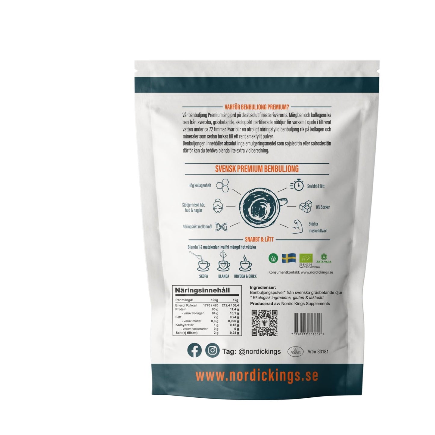 Rückseite einer Nordic Kings Premium Bio-Knochenbrühe-Verpackung mit schwedischem Text, Nährwertangaben, Zubereitungsschritten, Symbolen für soziale Medien und der URL der Website auf weißem Hintergrund.