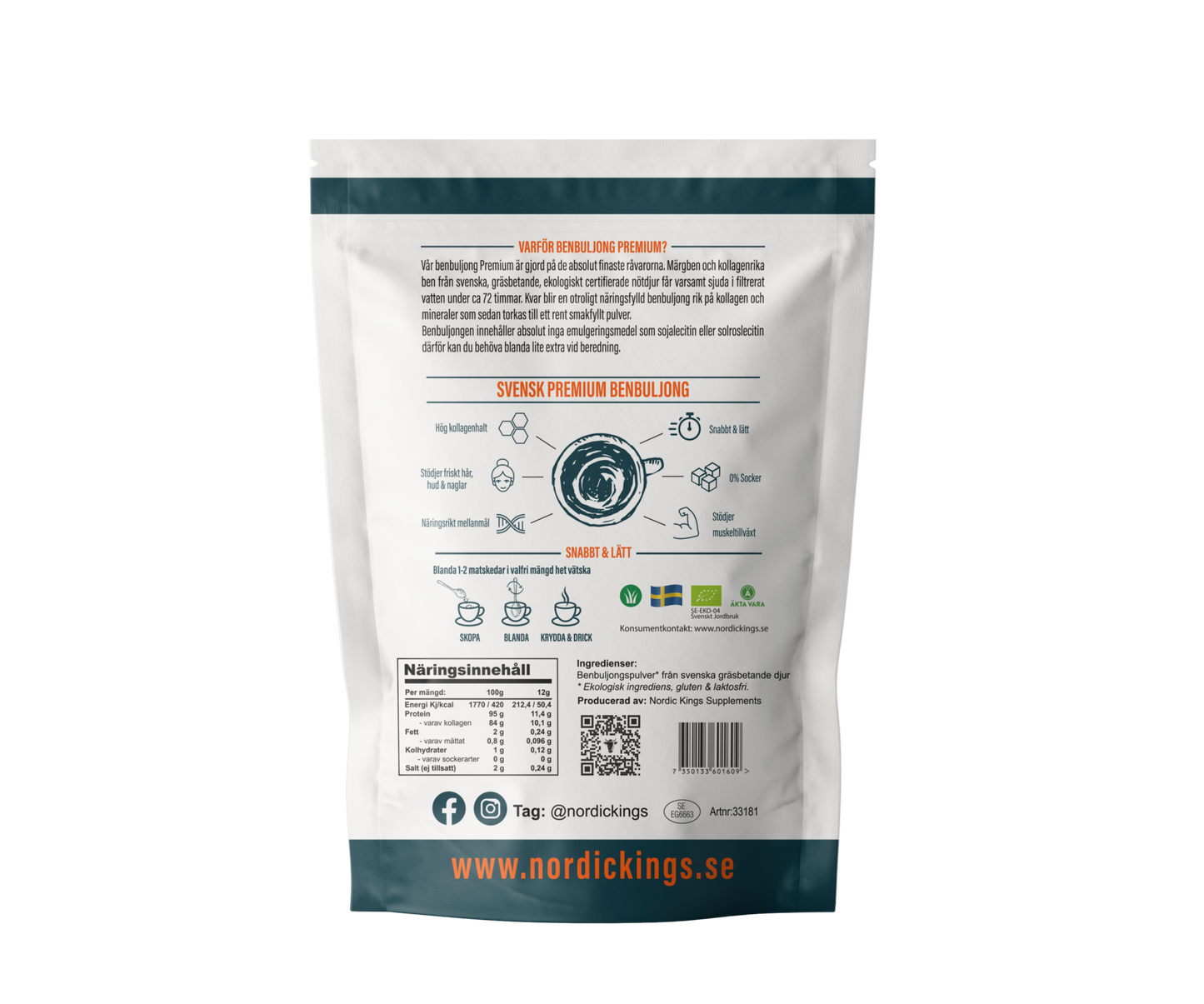 Rückseite einer Nordic Kings Premium Bio-Knochenbrühe-Verpackung mit schwedischem Text, Nährwertangaben, Zubereitungsschritten, Symbolen für soziale Medien und der URL der Website auf weißem Hintergrund.