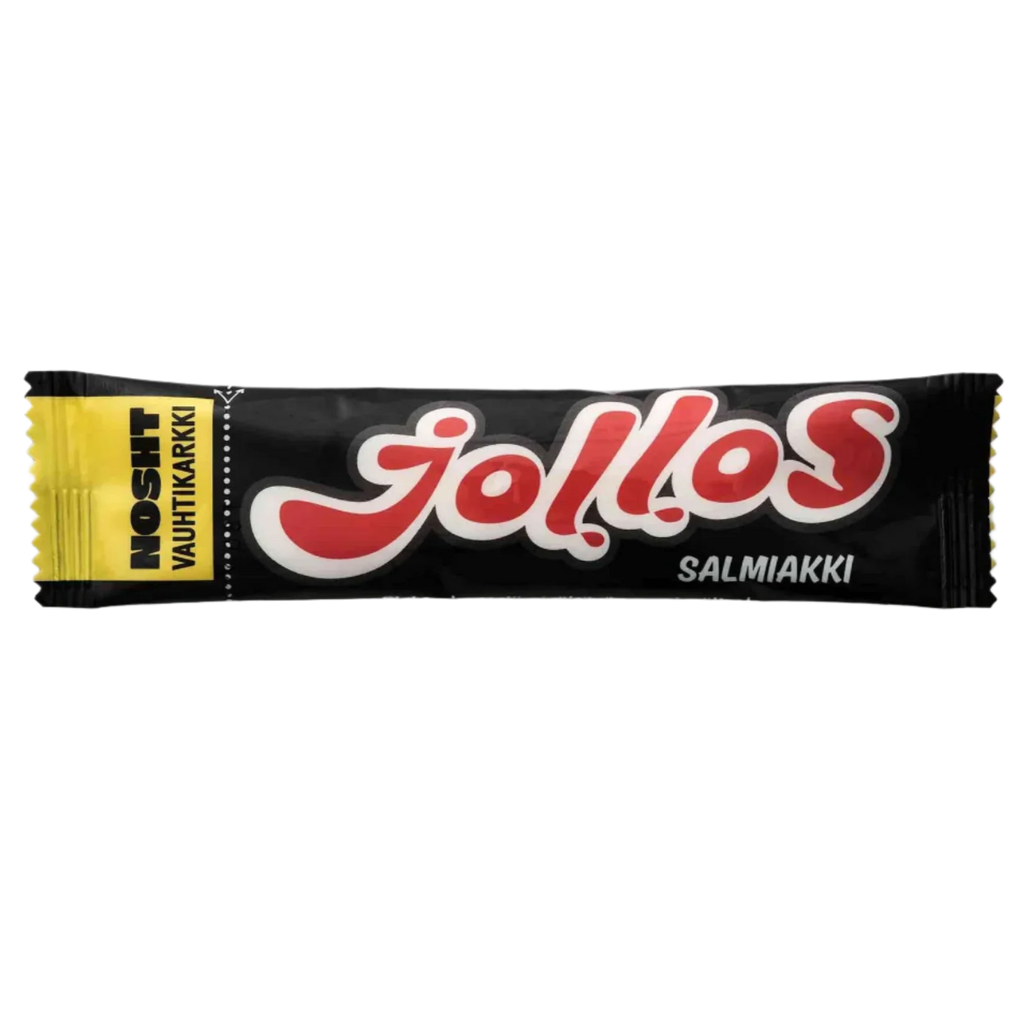 Eine schwarz-gelb-weiße Verpackung mit rotem Jollos"-Schriftzug und Nosht Jollos Energy Chews Salty Liquorice" in der Ecke - ideal für Liebhaber von salziger Lakritze, die einen veganen Energy Chew von Nosht suchen.