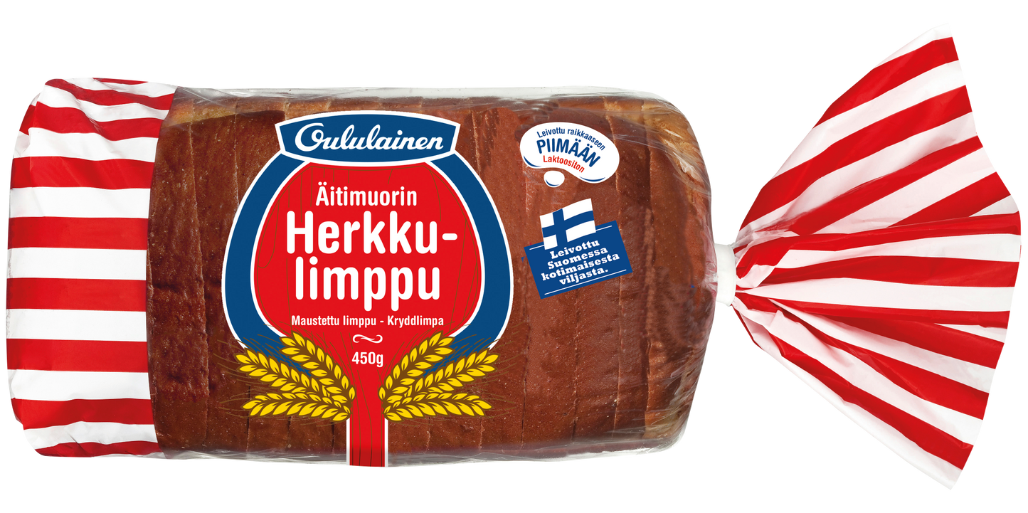 Ein Laib Fazer Oululainen Flavoured Loaf, ein traditionelles finnisches Gewürzbrot in einer rot-weiß gestreiften Verpackung mit einem blauen Etikett mit finnischem Text und einer kleinen finnischen Flagge.