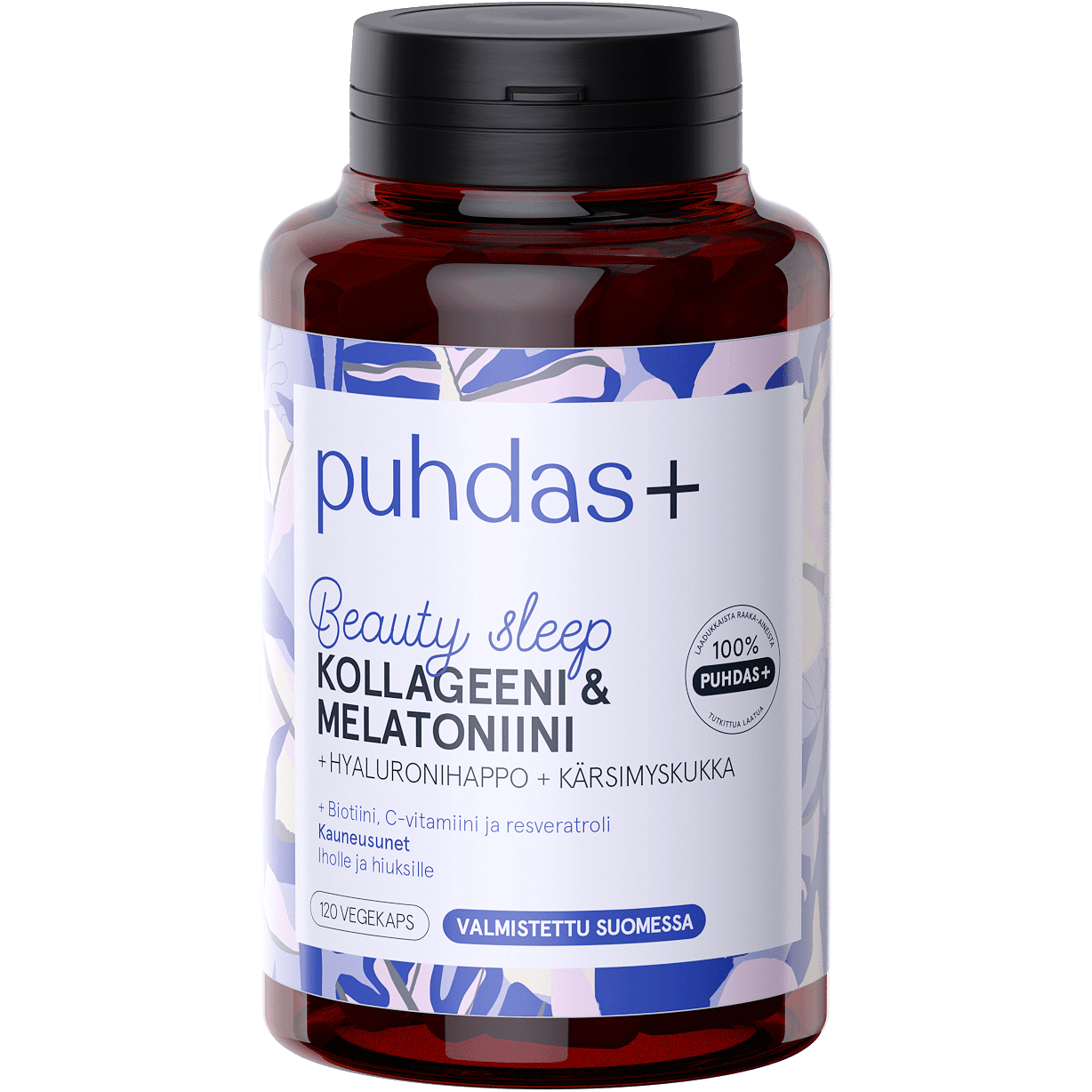 Eine Flasche mit 120 Kapseln Puhdas+ Beauty Sleep Collagen & Melatonin von Puhdas+, mit Kollagen, Melatonin, Hyaluronsäure und Passionsblume. Überwiegend weißes finnisches Etikett mit Lavendelakzenten; unterstützt die nächtliche Hauterneuerung.