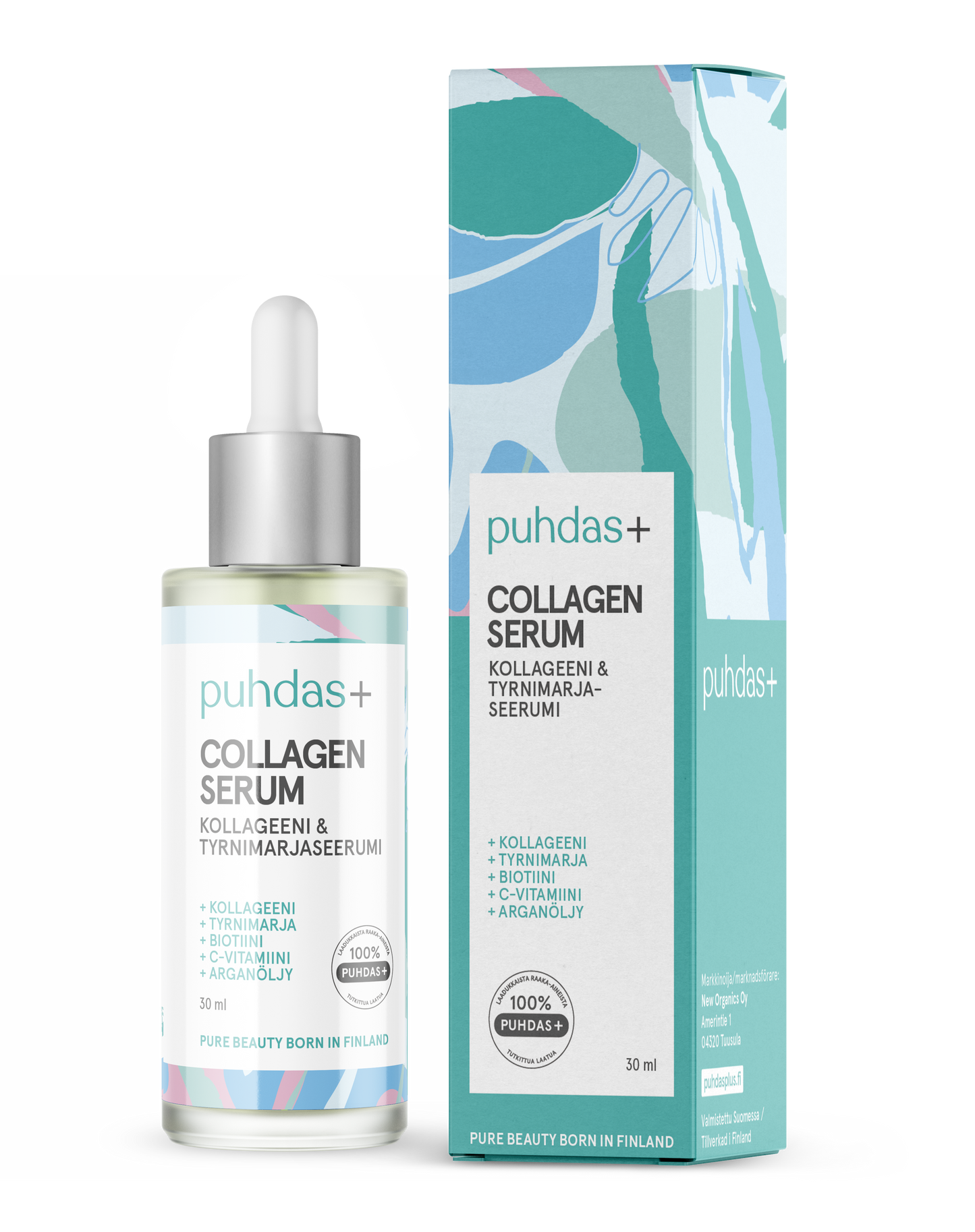 Eine Flasche Puhdas+ Collagen Serum von Puhdas+ mit einer Pipette wird neben der dekorativen Schachtel gezeigt. Auf der pastellfarbenen Verpackung sind die wichtigsten Inhaltsstoffe und Produktdetails auf Englisch und Finnisch angegeben.