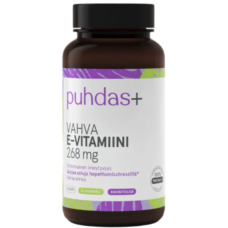 Eine dunkelbraune Flasche mit der Aufschrift Puhdas+ Vitamin E 268 mg, mit lila und grünen Akzenten, enthält 60 Kapseln mit natürlichem Vitamin E zur Unterstützung der Antioxidantien. Der größte Teil des Textes ist in Finnisch. Marke: Puhdas+.