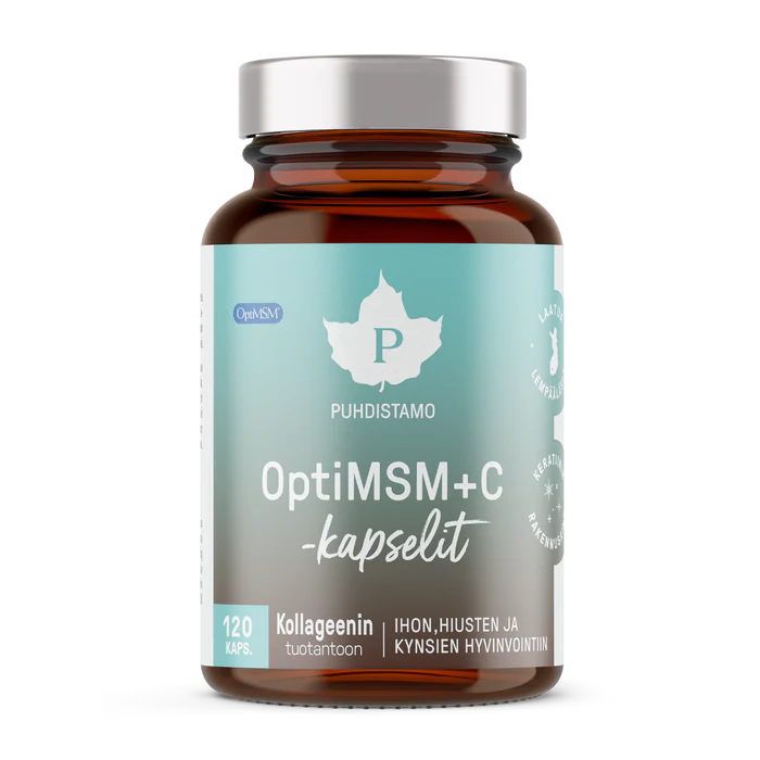 Ein braunes Glasgefäß mit silbernem Deckel und der Aufschrift Puhdistamo OptiMSM + C von Puhdistamo. Das blau-weiße Etikett weist auf 120 Kapseln hin, die MSM und Vitamin C zur Unterstützung von Kollagen für Haut, Haare und Nägel auf Finnisch enthalten.