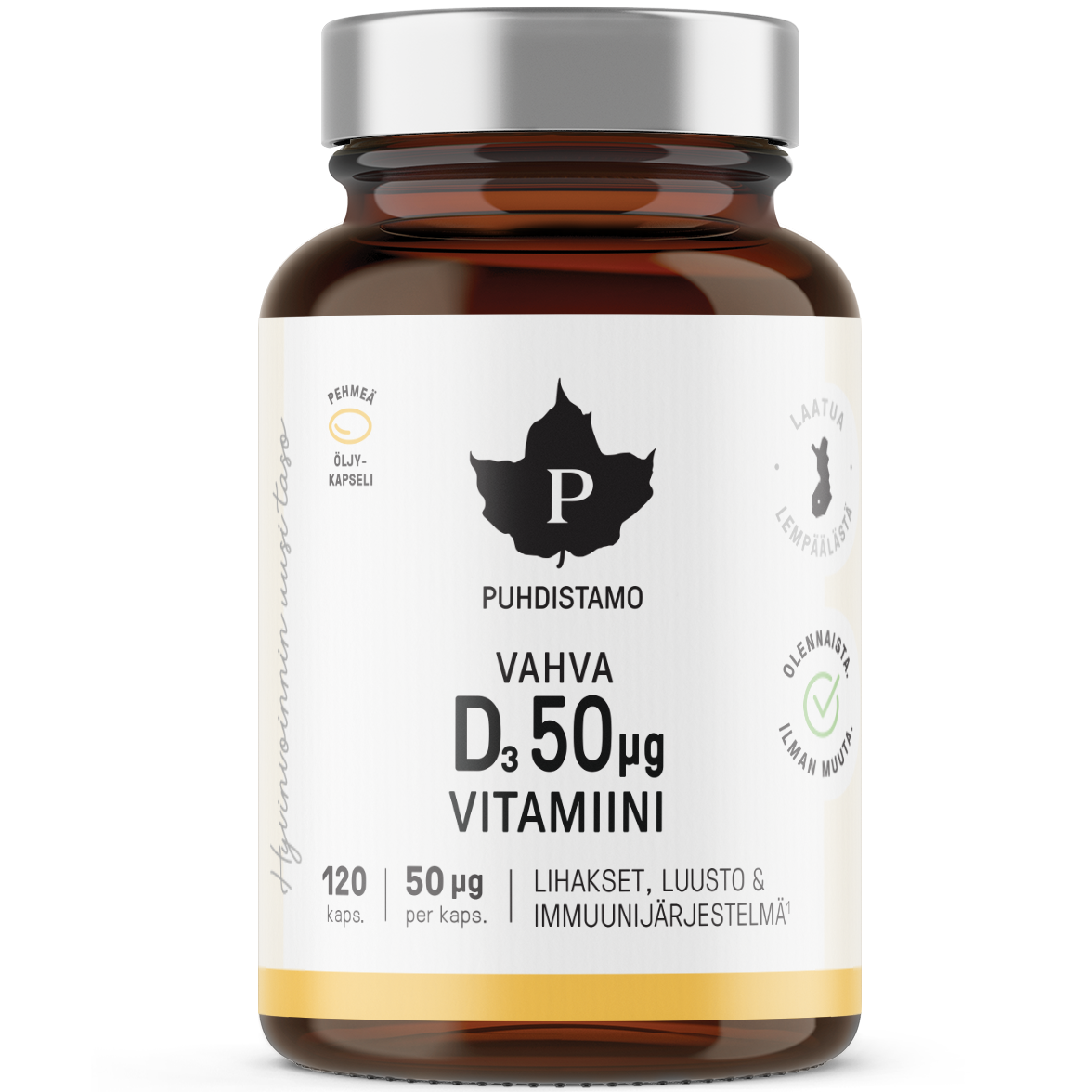 Eine braune Glasflasche mit einer silbernen Kappe mit der Aufschrift Puhdistamo Strong Vitamin D 50 mikrog. Das finnische Etikett enthält Angaben zur Dosierung, Symbole für Qualität und natürliche Inhaltsstoffe und hebt Vitamin D3 für das tägliche Wohlbefinden hervor.