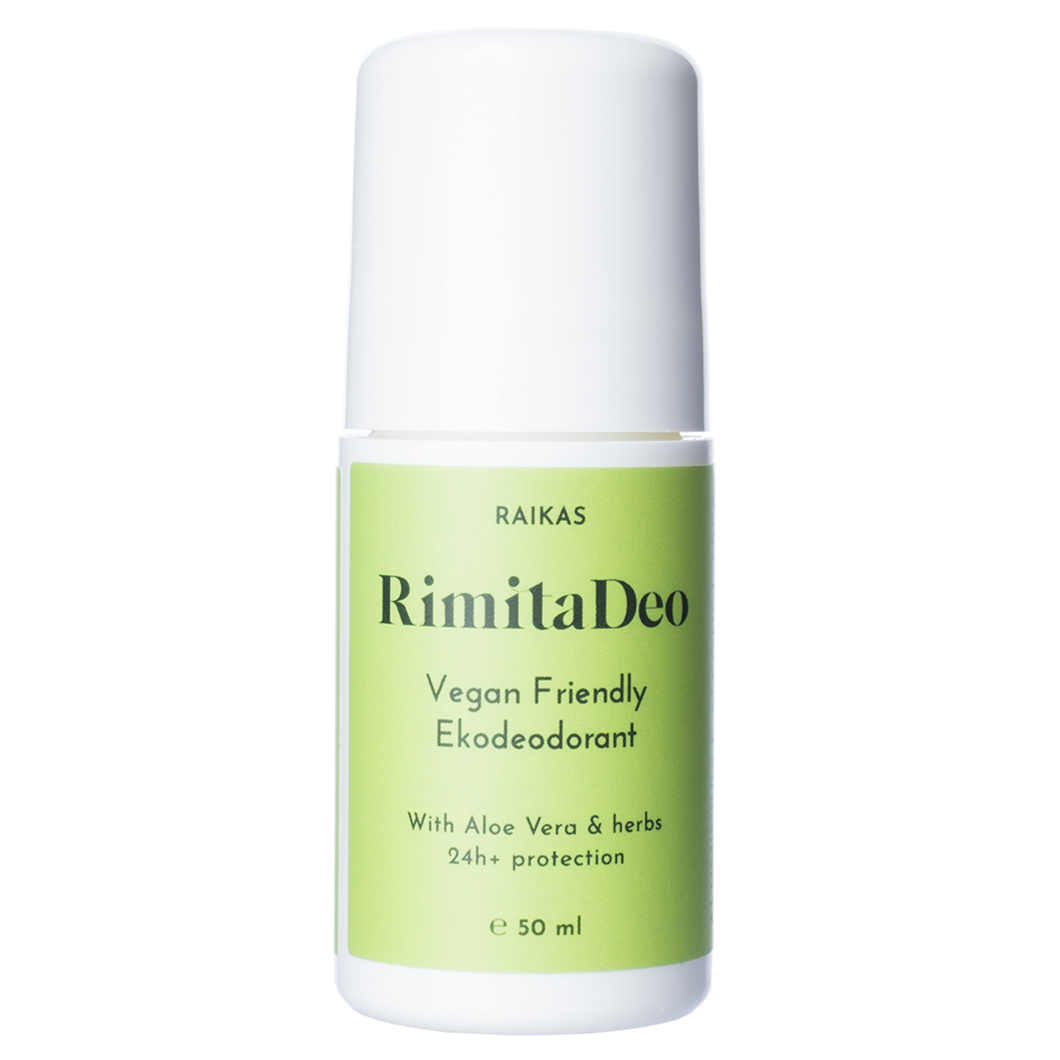 Ein weißer Roll-on Rimita Green RimitaDeo Fresh Aluminium Free Deodorant, 50 ml, mit einem grünen Etikett. Es ist vegan-freundlich, biologisch mit Aloe Vera und Kräutern, hat einen erfrischenden Zitrusduft und bietet 24+ Stunden Schutz.