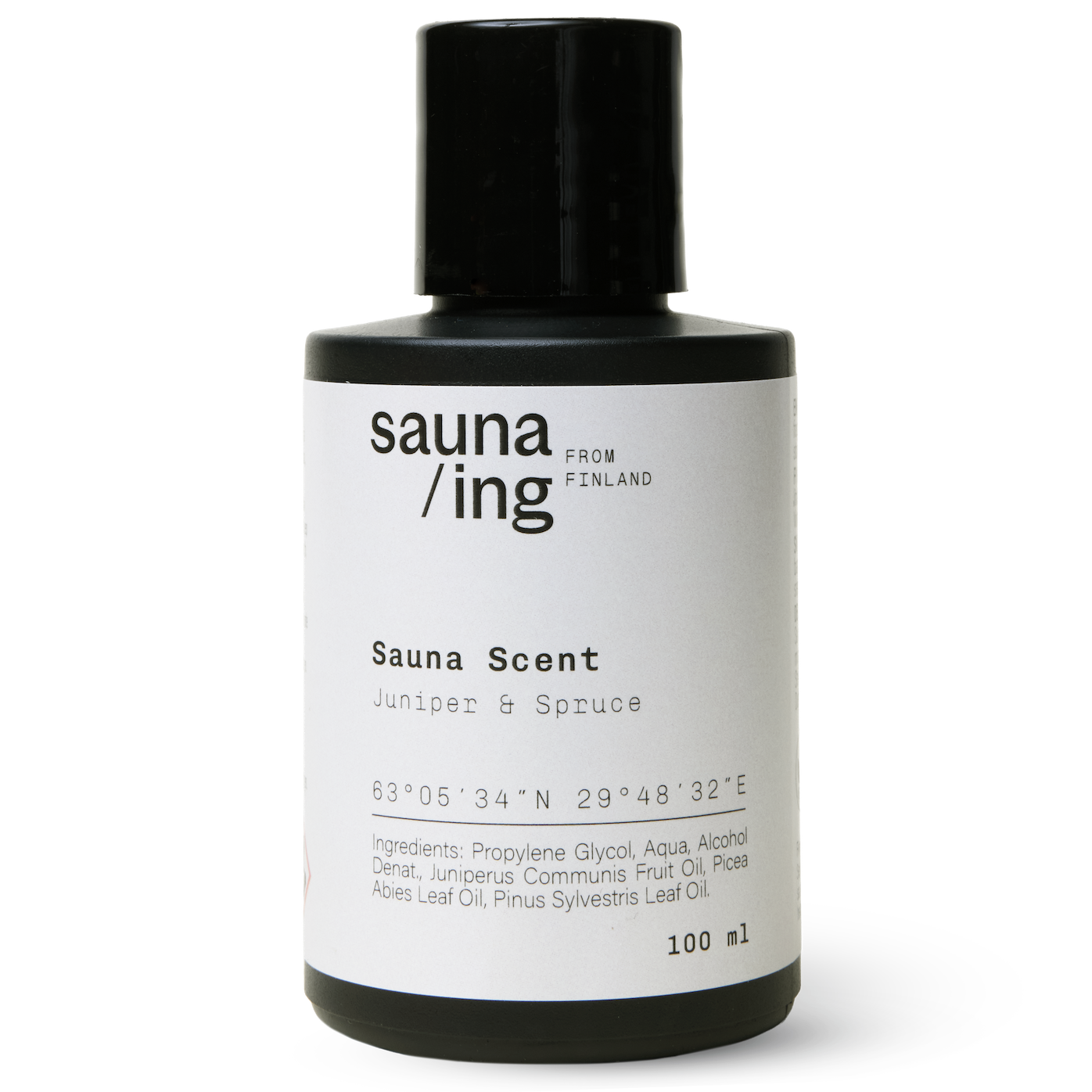Der Saunaduft Juniper & Spruce von sauna/ing kommt in einer schwarzen 100-ml-Flasche aus Finnland mit einem Waldaroma aus Wacholder und Fichte. Auf dem Etikett sind Inhaltsstoffe und Koordinaten angegeben.