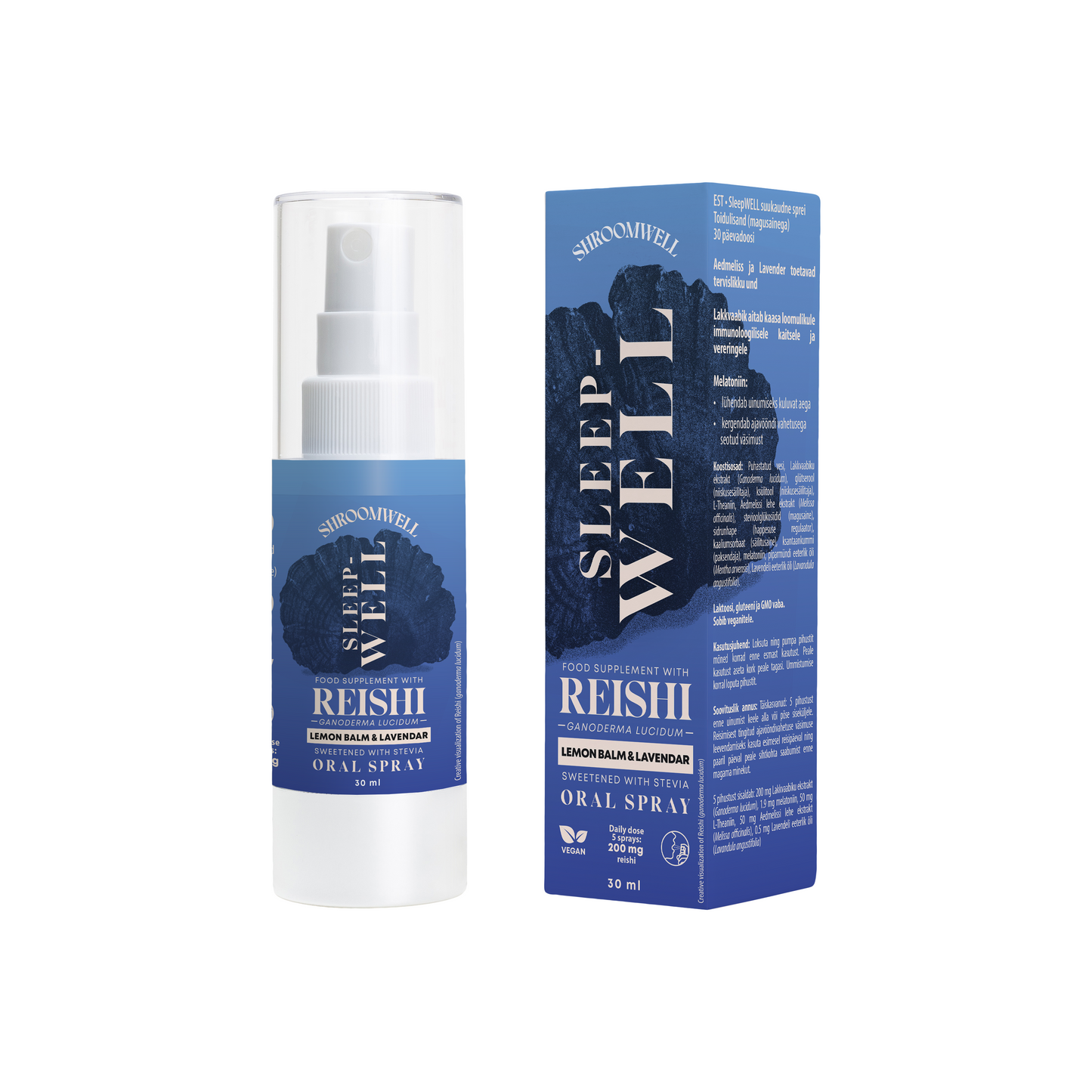 Eine weiß-blaue Flasche von Shroomwell Sleep-Well Reishi Spray, einem beruhigenden Schlafmittel von Shroomwell, ist neben der Verpackung abgebildet. Das Nahrungsergänzungsmittel mit Zitronenmelisse-Geschmack ist mit botanischen Grafiken versehen und enthält Reishi-Extrakt.